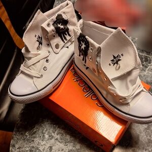 White High-Top Canvas Sneakers with Black Logo